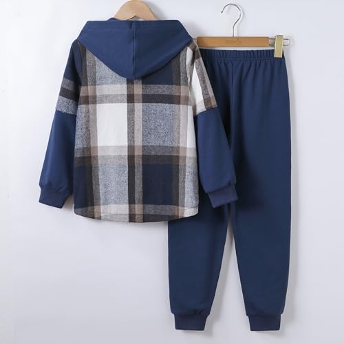 Image of 2Pcs Boys Clothes Sweatsuit Set Hoodie Flannel Plaid Shirt and Jogger Pants for Kids Fall Winter Spring Outfits