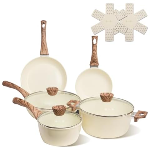ZHANG XIAO QUAN SINCE 1628 Pots and Pans Sets Non Stick, PTFE/PFAS/PFOA Free Pots and Pans, 10Pcs Aluminium Non Toxic Cookware Set, Cream White Pots and Pans Set Cover