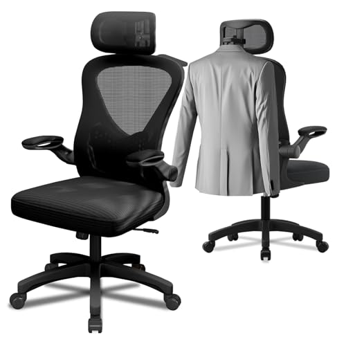 EOXCIIU Chaise Bureau, Accoudoirs Relevables à 90° et Appui-TêTe 2D, Chaise de Bureau Ergonomique en Résille, Réglable en Hauteur sur 10 cm, Coussin...