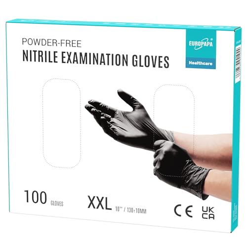 EUROPAPA Boîte de 100 gants jetables, en nitrile, à usage unique, adaptés pour examen, non poudrés, sans latex, non stériles, taille XXL, noirs