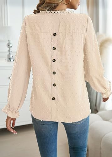 Womens Boho Tops Long Sleeve Shirts For Women Cute Crewneck Blouse Dressy Casual Swiss Dot Crochet Hollow Top 20253