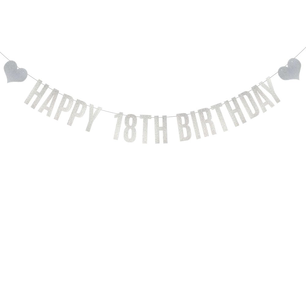 Happy 18th Birthday Banner, Pre-Strung,Silver Glitter Paper Garlands Banner for 18th Birthday Party Decorations Supplies, Letters Silver,Betteryanzi