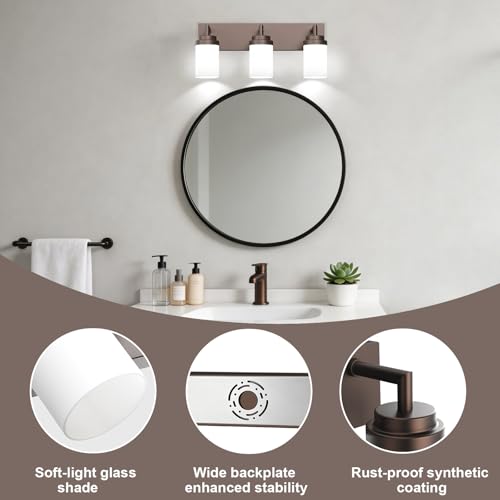 Image of Bathroom Light Fixtures, Oil Rubbed Bronze Bathroom Lighting Fixtures Over Mirror, Modern Vanity Light with White Glass Shade, Restroom Lighting Fixtures, 3-Light 22-inch