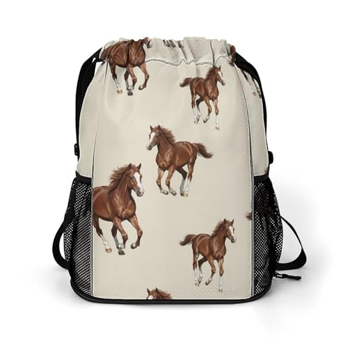 Men's Running Horse Brown Drawstring Backpack, Casual Wear-Resistant Adjustable Gym Bag, Novelty Foldable Sports Backpack for Hiking, Basketball Courts