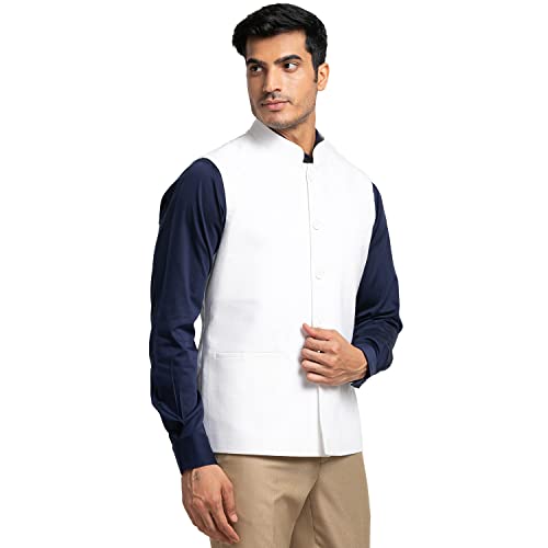 Image of Raymond Men's Contemporary Fit Pure Cotton Solid Pattern Sleeveless White Ceremonial Waistcoat