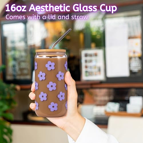 Image of JTEWB Birthday Gifts For Women, Teen Girl, Her, Happy Birthday Gift Box For Girl, Women, Sister, Daughter, Friends, Cute Daisy Aesthetic Glass Cups Gift Set 7pcs