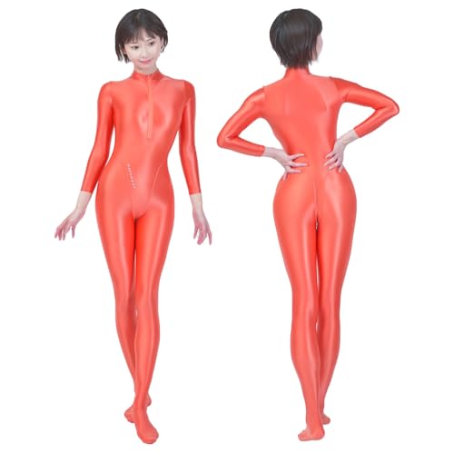AMORESY Celestia Front-Zip Sheer Catsuit, Glossy Stretch Spandex Bodysuit with Footed Design and Turtleneck (Emberglow, L)