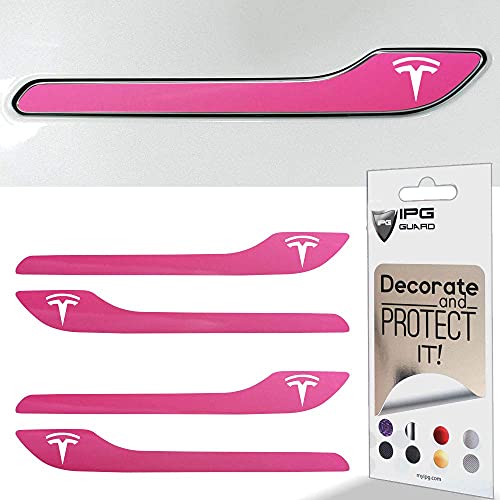 Image of IPG Compatible for Model 3 / Model Y /Juniper Door Handle Decal Sticker Wrap Kit (Set of 4) with Tesla Logo Personalize Your Tesla (Gloss Pink)