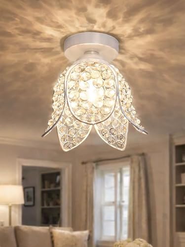 Image of Modern Crystal Flush Mount Ceiling Light | Gold Finish Decorative Ceiling Lamp for Hallway, Bedroom, Living Room, Balcony & Foyer | Warm Light Home Decor Fixture (White Lotus)