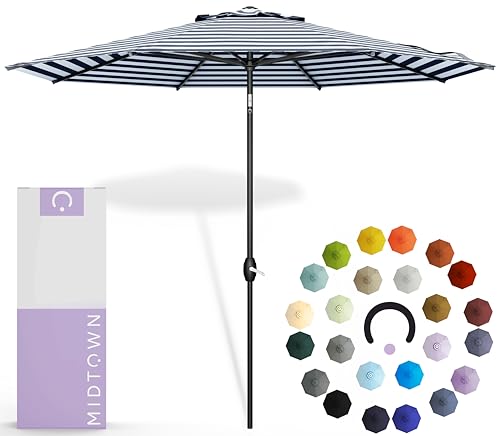 Image of Midtown Umbrellas - 10-Year-No-Fade 10 Ft Patio Umbrella with Terylast Fabric, Auto-Tilt Aluminum Frame and 8 Reinforced Ribs for Deck, Pool, Garden & Beach - Navy Stripes Canopy, Black Pole