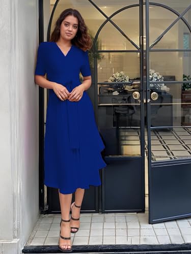 Image of Comfortable Dresses for Women Stretchy Flattering Fit Wrap Dress V Neck Short Sleeve Tie Waist Daily Wear Work Vacation