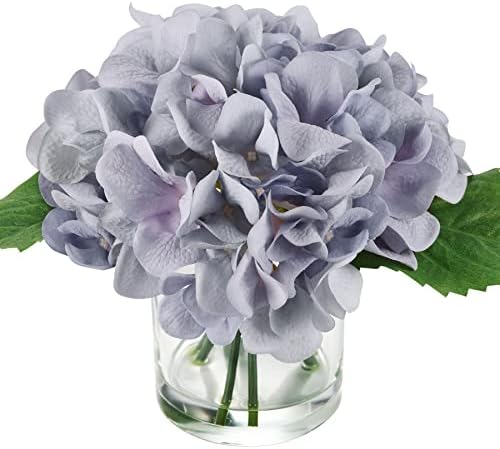 CENELECT Hydrangea Artificial Flowers with Glass Vase with Faux Water Silk Real Touch Hydrangea Floral Arrangement with Stems for Centerpieces Table Home Wedding Party Decorations