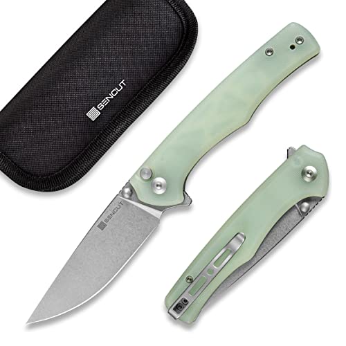 SENCUT Crowley Pocket Knife Button Lock Folding Knife for EDC, Natural G10 Handle Stonewashed D2 Blade Foldable Knife with Clip, Everyday Carry Knife for Men Women, Indoor Outdoor Gift S21012-1