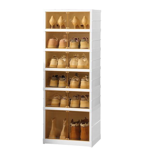 Jwevvie 6-Tier Foldable Shoe Rack Organizer for Closet 12 Pairs Plastic Shoe Shelf Collapsible Shoes Storage Box Clear Easy Assembly Shoe Cabinet with Lids Large (6 Layers -12 Pairs)