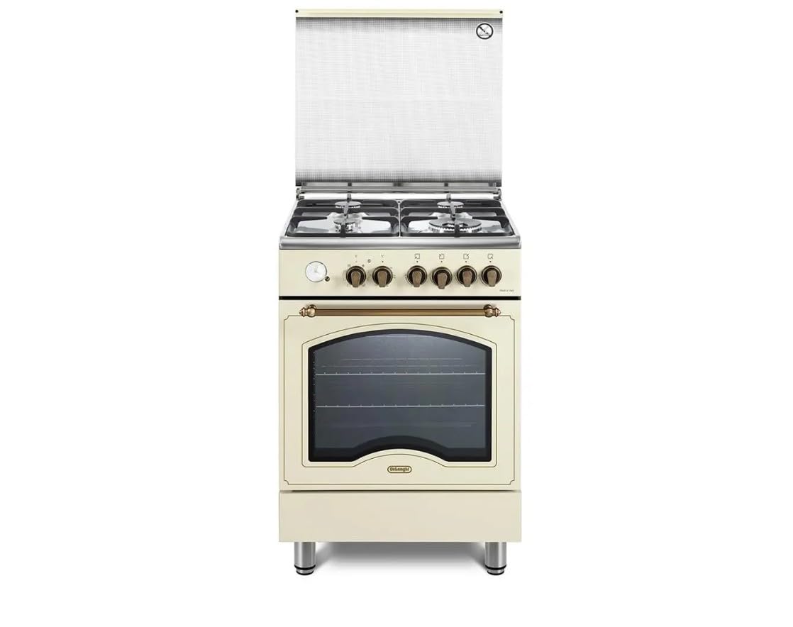 De'Longhi PEMB 664 CLSG Cuisinière à gaz, 60 cm, four électrique multifonctions, 4 brûleurs, 1 double couronne, grilles en fonte, Easysteam, Idroclean, ligne Country, couleur crème, classe énergétique