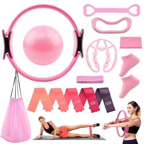Pilates Essentials Kit for Women, 14 Pcs Pilates Equipment for Home Workouts with Yoga Circle Ball Ring, 5 Resistance Bands,Pedal Puller Resistance Band,Anti Slip Socks for Starter Set Accessories