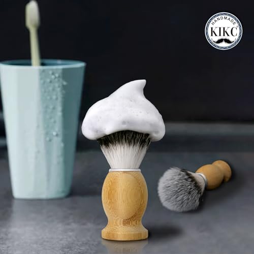 KIKC Hand Crafted Shaving Brush for Vegans, Synthetic Hair Bristle for Wet Shave, Comfortable Bamboo Handle, Best Gift for Bearded Man