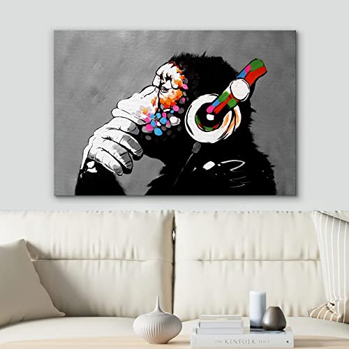 Signwin Framed Canvas Wall Art Banksy Thinking Monkey With Headphones Graffiti & Street Art Famous People Pop Art Modern Urban Multicolor For Living Room, Bedroom, Office - 12X18 Inches #TOP1