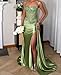 Silver Satin Prom Dresses Long with Slit Appliques Satin Pleated Mermaid Formal Gown Spaghetti Straps Prom Dress Size 12