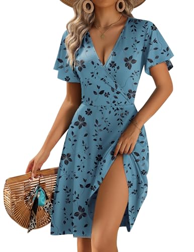 Zeago Womens Summer Short Sleeve Cute Floral V Neck Flutter Sleeve Sundress Wrap Knee Length Beach Wedding Guest Dress