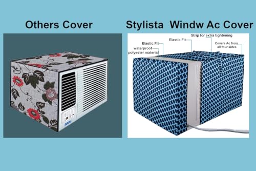 Image of Stylista window ac cover suitable for O-General 1.5 Ton AXGB18CHAA-B, Check Blue Color Elastic fit Cover for front and rear Of Window Ac