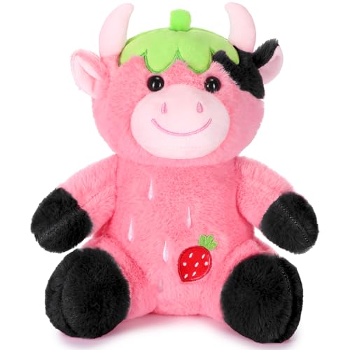 Image of HyDren Pink Cow Stuffed Animal 9. 8" Soft Cute Strawberry Plush Animal Toy Stuffed Cows Doll Birthday Gifts for Boys Girls Kids Toddlers