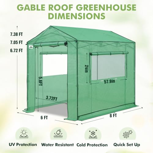 Image of EAGLE PEAK 8x6 Pop Up Walk in Greenhouse, Easy Setup, Gable Roof, Green