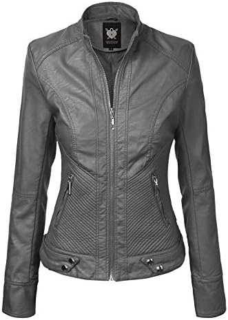 Lock and Love LL WJC747A Womens Dressy Vegan Leather Biker Jacket XL Grey