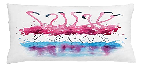 Ambesonne Animal Throw Pillow Cushion Cover, Flamingos Love Birds Feather Romance Brushstroke Splash Watercolor Effect, Decorative Rectangle Accent Pillow Case, 36" X 16", Pink Blue Purple