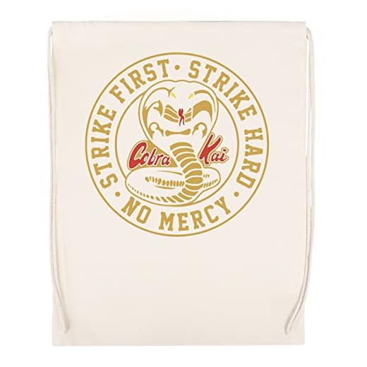 Cobra Kai Strike First Strike Hard No Mercy Sign Beige Deporte Bolsa el Gimnasio Duradera Respetuosa con el medio ambiente Drawstring Gym Bag