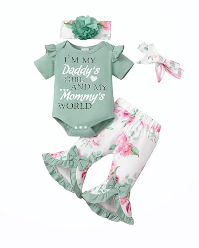 Image of SUNNY PIGGY Newborn Baby Girl Clothes Infant Outfits Romper Floral Fall Outfit Bell Bottoms Pant Sets Hat Headband Flowerpant
