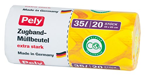 340 Stück Pely Müllbeutel klimafreundlich extra stark mit Zugband für 35 Liter PEL8534, Extra stark 55cm x 65cm. 1 Karton mit 17 Rollen. Jede Rolle hat 20 reißfeste pely Zugbandbeutel