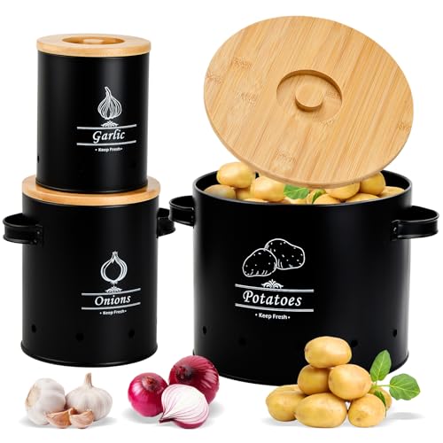 Ecofocet Caja para Guardar Patatas, Juego de 3 Contenedores de Metal con Tapa de Bambú, Organizador Apilable con Orificios de Ventilación para Patatas, Cebollas y Ajos, Redondo (Negro)