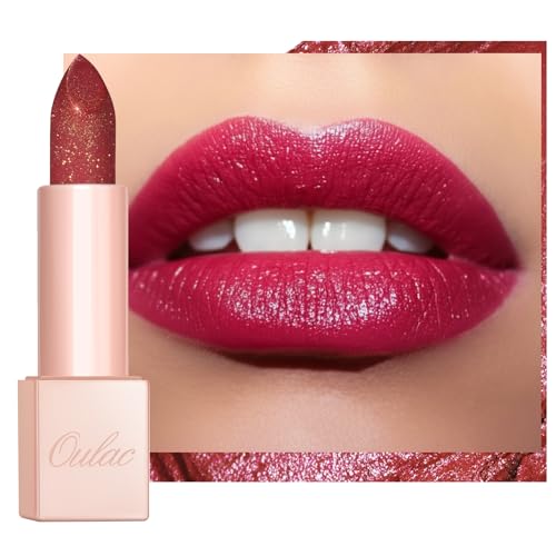 Image of Oulac Red Glitter Lipstick - Rose Moisture Tinted Lip Balm, Metallic Sparkly Finish, Shiny lipstick, High Pigment, Creamy Brilliant Lip Color with Shea Butter, Vegan D03 Soirée Red