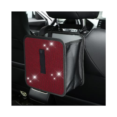 Image of BELOMI Car Foldable Trash Can, Bling Rhinestone Crystal Auto Hanging Waterproof Leakproof Garbage Bin, Vehicle Waste Basket Dustbin, Multipurpose Car Organizer Accessories for SUV Truck RV (Red)