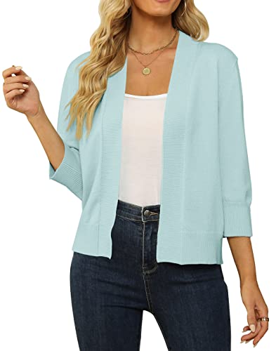 Image of Women's 3 /4 Sleeve Cropped Cardigan Sweater Open Front Short Shrugs Cardigans Lightweight Sweaters