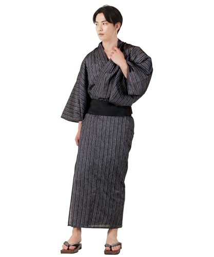 [KYOETSU] [キョウエツ] 浴衣セット 小粋 3点セット(浴衣、ワンタッチ角帯、腰紐) メンズ (M, 15.滝縞×黒(ワンタッチ黒))の商品画像（Amazon）