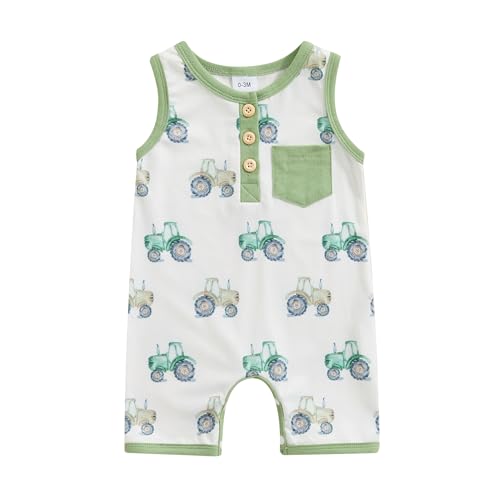 Santikisler Infant Baby Boy Clothes Summer Sleeveless Tank Romper Tractor Animal Jumpsuit Button Pocket One Piece Outfits (Green, 12-18 Months)