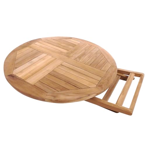 CHARLES BENTLEY Teak Round Folding Table, Outdoor, Wooden Dining Table, Seats 3, Slatted Circular Top, Space Saving Foldable Design, Natural Finish, Patio & Garden Furniture (100x75cm) - Image 4