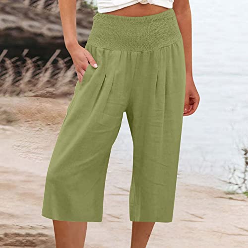 Womens Khaki Pants For Work Capri Pants Casual Summer Smocked Elastic High Waisted Linen Pant Solid Loose Wide Leg Capris Trousers #TOP1