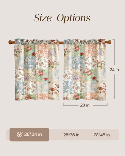 Image of Miss Adola Boho Kitchen Curtains - 24 Inch Length Linen Blend Vintage Floral Cafe Curtains Country Tier Curtain Short Drapes Rod Pocket for Bathroom Living Room Windows Light Filtering, 2 Panels