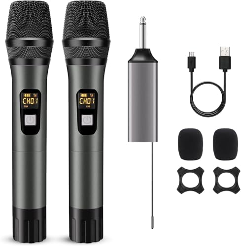 DigitConvert Microphone sans Fil UHF Dual Metal Dynamic System avec récepteur Rechargeable, portée de réception de 200 Pieds pour système de sonorisation, DJ, Chant, conférence, église, fête, Mariage