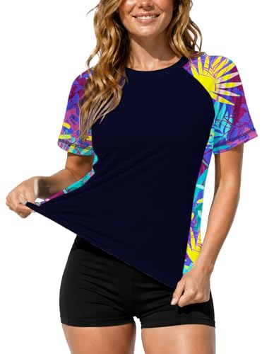 Image of AOBUTE Women Short Sleeve Rash Guard UPF 50+ Tropical Sun Protection Floral Swim Shirts