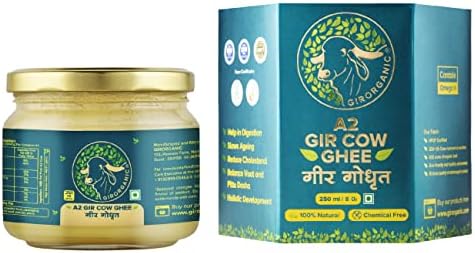 GirOrganic A2 Pure Ghee - 250 millilitre Glass Bottle | 100% Gir Cow Ghee | Vedic Bilona Method | Grassfed, Cultured, Premium & Traditional Ghee | Immunity Booster