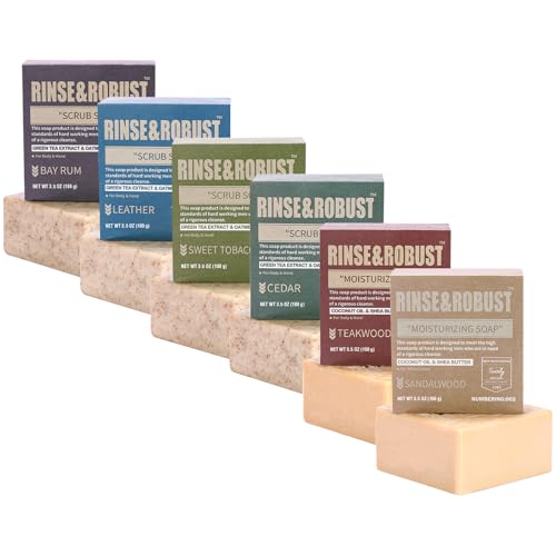 Rinse & Robust Mens Natural Bar Soap 6Pcs Handmade Cleansing Soap Bar Set Moisturizing&Exfoliating Scrub Soap 6 Different Scents 3.5 oz of 6 Bars
