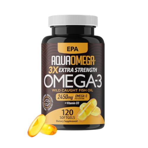 Triple Strength Omega 3 Fish Oil Supplements, High EPA Fish Oil Omega 3 Supplements, EPA and DHA Omega3 Fatty Acids with Vitamin D, High Potency Omega3 Supplement, 120 Softgels, Unflavored