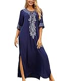 Orshoy Langer Kaftan Böhmischer Kimono Maxi Nachthemd Strand Vertuschen Kleid für Frauen Maxi Bohemian Dress Beach Coverup Nachthemd Sleepshirt Schlafanzug A01 Navy Blau
