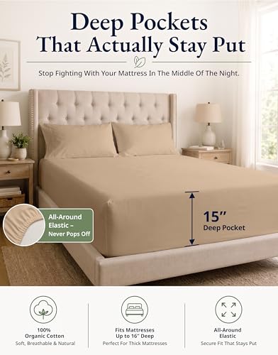Image of LANE LINEN Full Fitted Sheet, 100% Organic Cotton, 3-Piece Set (1 Fitted Sheet,2 Pillowcases), Percale Weave, Full Bed Bottom Sheet, Ultra Soft, Fits Mattress Upto 15 inch Deep - Taupe(No Flat Sheet)