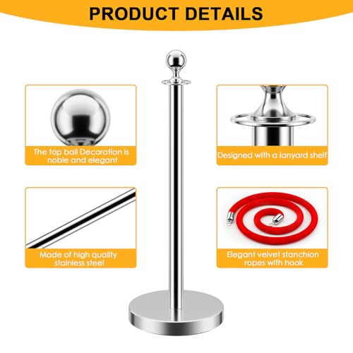 Image of LOVMOR Crowd Control Stanchion, 12Pcs Silver Stanchion Posts Queue with 8pcs 5 ft /1.5 m Red Velvet Rope, Rope Barriers Crowd Control Barriers Queue Line for Hotel Theater Party Supplies