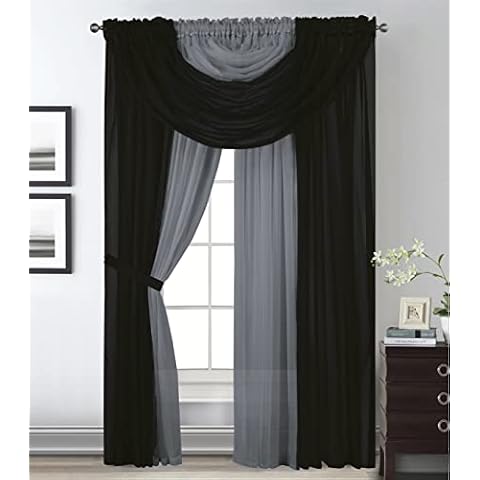 Bedding Haus Window Sheer Curtains - Two Tone 4 Panels Set with Valance and Tiebacks, 55" x 63", Privacy Voile Window Curtains for Living Room, Bedroom, Kitchen, Dining Room -Black/Gray Cover